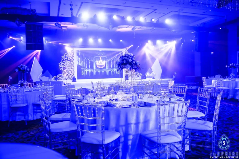 Rain theme corporate event with tables, chairs and centerpieces
