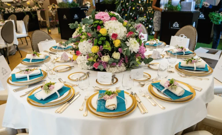 Table floral decor with plate setting at wedding